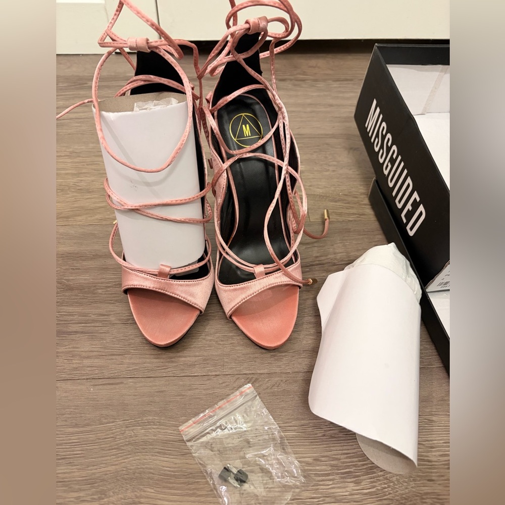 NWT Pink Satin Stiletto Heel Lace Up Sandals - Picture 4 of 13